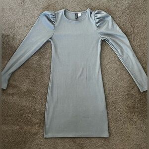 H&M: Blue Long Sleeve Fitted Ribbed Dress with Poofy Shoulders in size Small